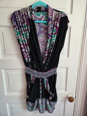 Vibrant Medallion Print Deep V-Neck Mini Dress with Smocked Waist